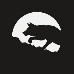 The wolf howling at the moon. Silhouette of animal in the night. Halloween background.