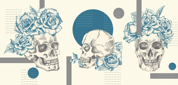 Collage vintage human skull with wreath flowers roses. Zine Culture style banner. Hipster barber shop concept. Tattoo, t-shirt design. Realistic hand drawn sketch. Skeleton head. Vector