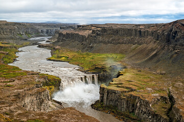 View of canyon and waterfall Hafragilsfoss, Iceland