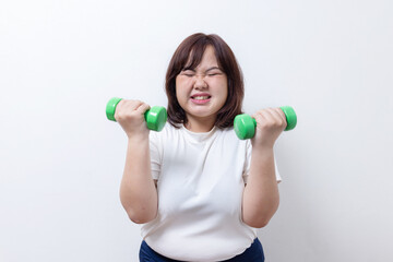 Naklejka premium Isolated Plump Body Woman Hold Dumbbell with Weight Lifting Pose