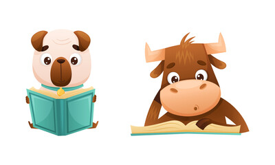 Cute baby animals reading books set. Bear, calf sitting with book cartoon vector illustration