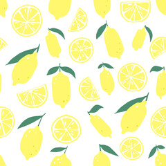 Hand drawn fresh lemon seamless pattern. Summer background design. Doodle wallpaper vector. Bright print for textiles and wallpaper.