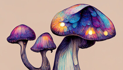 Colorful, puprple, pink, blue, bright, fantasy magic mushrooms glowing in the dark. Illustration aquarelle painting. Creative, artistic watercolor psychedelic mushrooms. - obrazy, fototapety, plakaty