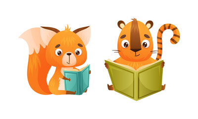 Cute baby animals reading books set. Squirrel, tiger sitting with book cartoon vector illustration