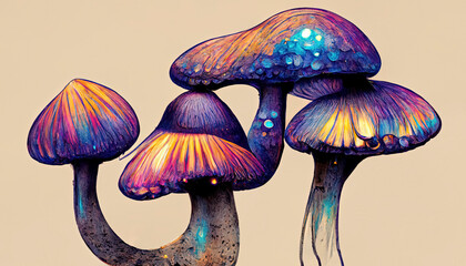 Colorful, puprple, pink, blue, bright, fantasy magic mushrooms glowing in the dark. Illustration aquarelle painting. Creative, artistic watercolor psychedelic mushrooms. - 522322359