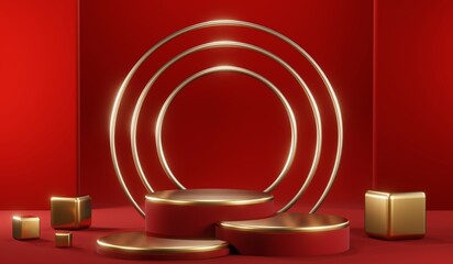 Obraz premium 3D rendering of blank product background for cream cosmetics Modern red podium background