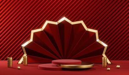 3D rendering of blank product background for cream cosmetics Modern red podium background