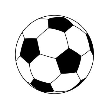 Soccer ball. Black football ball isolated on white background. Flat icon. Simple cartoon clipart. Outline pictogram. Logo soccer ball for design print. Graphic symbol sport play. Vector illustration