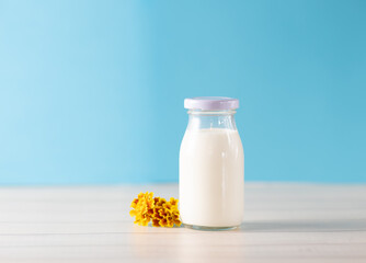 Cow's milk in a glass bottle on a blue and white background