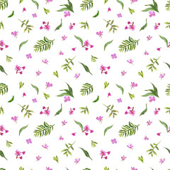 Digital  seamless pattern with colorful wild flower and leaves . White background.