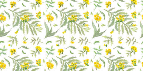 Digital horizontal seamless pattern with 
colorful wild flowers and leaves .  White background.