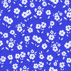 Seamless pattern of small flowers. Floral vector print. White flowers on blue background