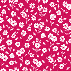 Seamless pattern of small flowers. Floral vector print. White flowers on red background