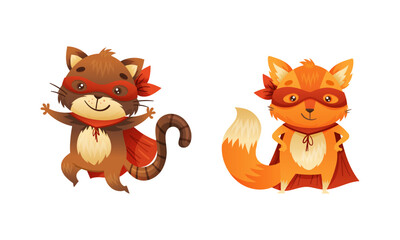 Superhero animal kids set. Funny fox and cat in red capes and masks cartoon vector illustration