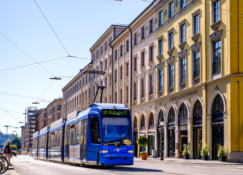 Munich, Germany - August 7: typical tram from the MVG at the old town of munich on August 7, 2022