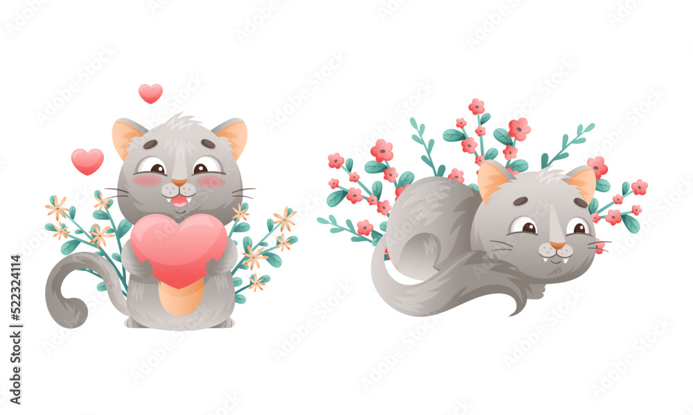 Canvas Prints Cute kitten holding red heart and lying in flowers set. Lovey grey cat animal cartoon vector illustration