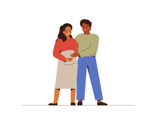 Young multicultural couple expect the baby. Man embraces his pregnant wife. Husband supports his wife who waiting a child. Family concept. Vector illustration