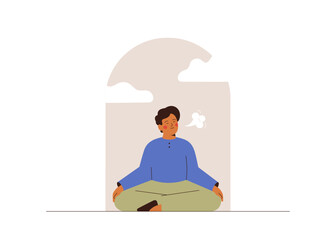 Calm man meditating in the window for saving mental health. Young male relaxing in lotus posture and doing breathing exercises. Balance, harmony and mindfulness concept. Vector illustration - obrazy, fototapety, plakaty