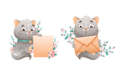 Obraz premium Cute grey kitten holding blank paper banner and postal envelope set. Lovey playing cat animal cartoon vector illustration