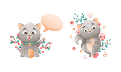 Cute kitten with speech bubble. Lovey grey cat animal lying in flowers cartoon vector illustration