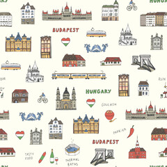 Fototapeta premium Travel Budapest Hungary vector seamless pattern