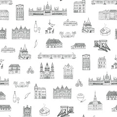 Travel Budapest Hungary vector line seamless pattern