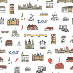 Travel Budapest Hungary vector seamless pattern