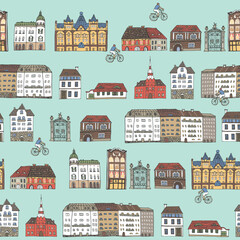 Travel Budapest Hungary cute european street with bike and houses vector seamless pattern