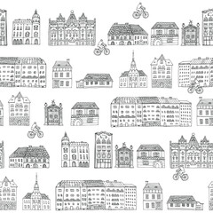 Obraz premium Travel Budapest Hungary cute european street with bike and houses vector seamless line pattern