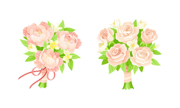 Wedding symbols set. Bouquets of pink rose flowers, attribute of bride cartoon vector illustration