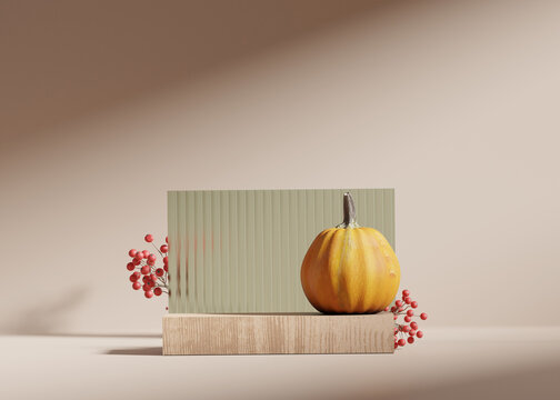 3D  autumn background podium display on beige, wood and pumpkin. Brown cosmetic, beauty product promotion halloween pedestal with shadow.  Natural showcase. Abstract minimal studio 3D render