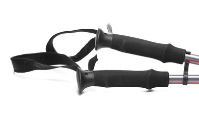 Detail used mountaineering poles isolated on white