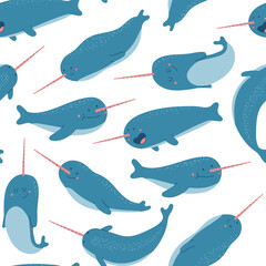 Narwhal vector cartoon seamless pattern on a white background for wallpaper, wrapping, packing, and backdrop. © Roi_and_Roi