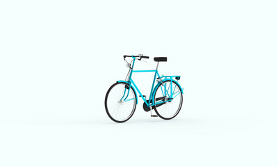 Blue, metal bike on a blue background. Minimal style. 3d render on the theme of bicycles, shops, outdoor activities, spare parts.