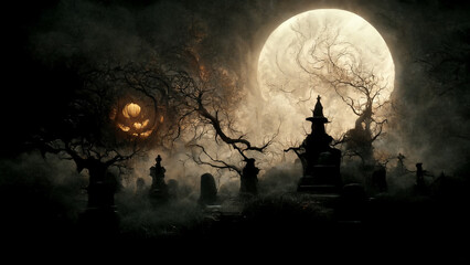 3D illustration of a Halloween concept dark background of a castle and graveyard. Horror background In foggy weather. Happy Halloween