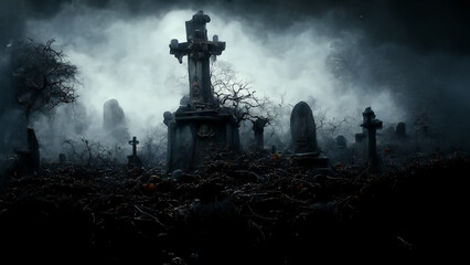 Fototapeta na wymiar 3D illustration of a Halloween concept dark background of a castle and graveyard. Horror background In foggy weather. Happy Halloween