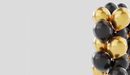 Background for a greeting card. Balloons, gold and black. Stylish background design. 3d rendering.