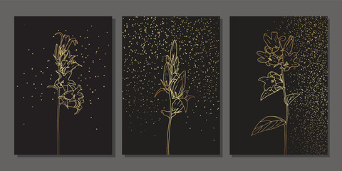 Set of luxury gold wall art. Golden bluebell stem with glitter. Abstract minimalist art mural illustration with linear flowers and shiny effect on black background. Plants on starry night sky