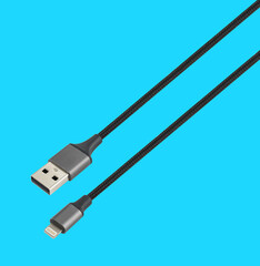 cable with USB and Lightning connector, on a blue background