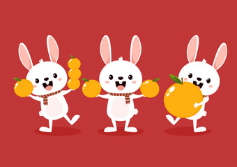 Obraz na płótnie Canvas Happy Chinese new year greeting card 2023 with cute rabbit with oranges. Animal holidays cartoon character. Cute Rabbit on red background. Chinese New Year Mandarin Orange.