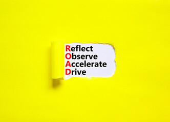 ROAD reflect observe accelerate drive symbol. Concept words ROAD reflect observe accelerate drive on white paper, yellow background. Business ROAD reflect observe accelerate drive concept. Copy space.