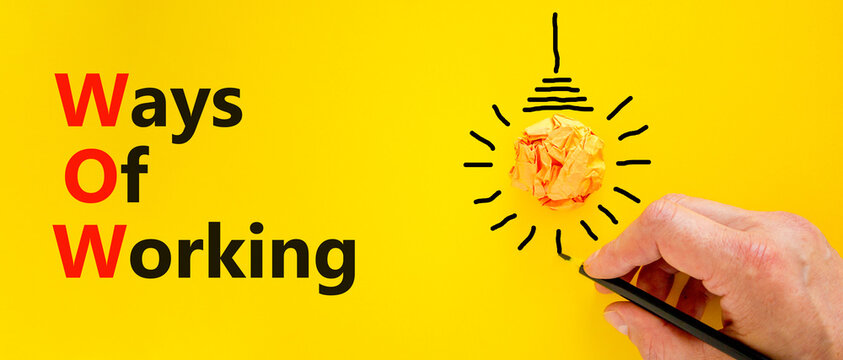 WOW Ways Of Working Symbol. Concept Words WOW Ways Of Working On A Beautiful Yellow Background. Orange Light Bulb Icon. Businessman Hand. Business And WOW Ways Of Working Concept. Copy Space.