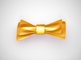 Golden 3D bow tie on white background. Symbol of business success and prosperity. Bow tie - gentleman or businessman clothing accessory for ceremony. EPS 10, vector illustration.