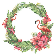 Round wreath with tropical leaves, red hibiscus flowers, pink flamingos. Watercolor illustration. The frame is made of a large set of CUBA. For decoration and design of beach and summer accessories.