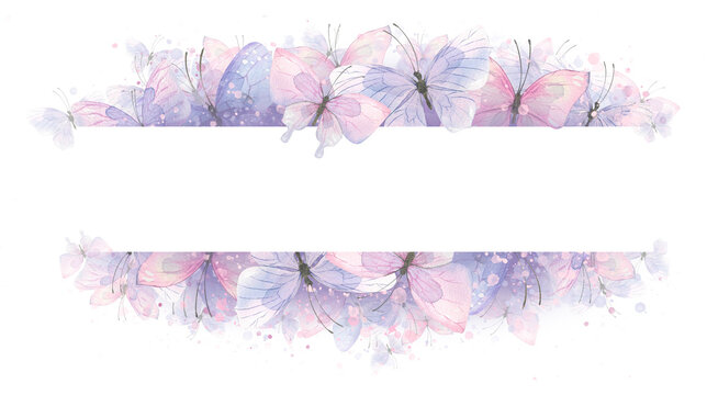 Horizontal frame, banner with delicate pink and purple butterflies. Watercolor illustration. For registration and design of certificates, invitations, beauty salons, logos, postcards, posters, wedding