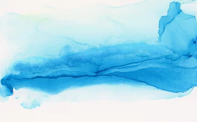Foto op Aluminium Art Abstract grain beige and blue watercolor and alcohol ink flow smear blot painting . Copy space canvas texture horizontal background. © Liliia