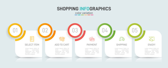 Concept of shopping process with 5 successive steps. Five colorful graphic elements. Timeline design for brochure, presentation, web site. Infographic design layout.