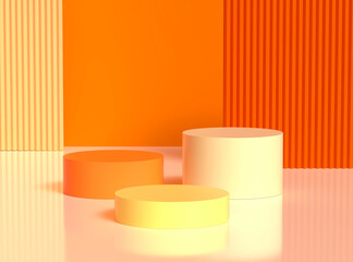 Orange podium minimal scene with orange, yellow cylinder and geometry backdrop. 3d illustration.