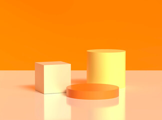 Orange product stand cosmetics yellow, orange cylinder and cube box with minimal scene. 3d illustration.