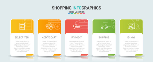 Concept of shopping process with 5 successive steps. Five colorful graphic elements. Timeline design for brochure, presentation, web site. Infographic design layout.